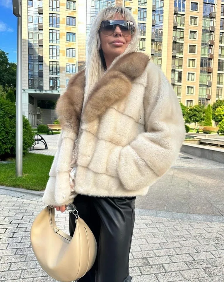 Ladies New Mink Fur Jacket Real Mink Fur Coat Purple Mink Fur Lapel Winter Warm Fashion Casual