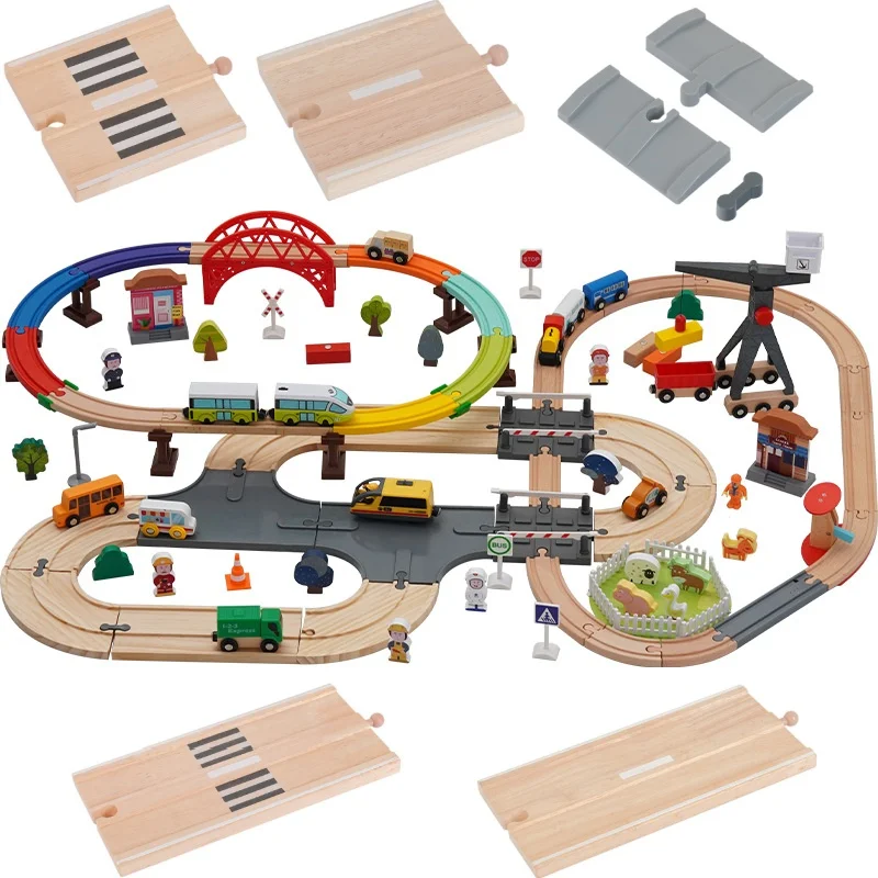 Wooden Train Double Tracks Beech Wood Road Bridge Railway Accessories Fit for Brand Wooden Tracks Toys for Children Gifts