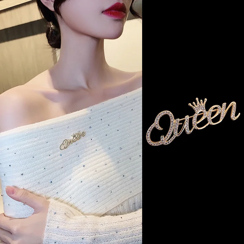 Luxury Queen Brooches For Women Elegant Clothing Dress Jewelry Lady Queen Letter Rhinestone Brooch Pin For Wedding Birthday Gift