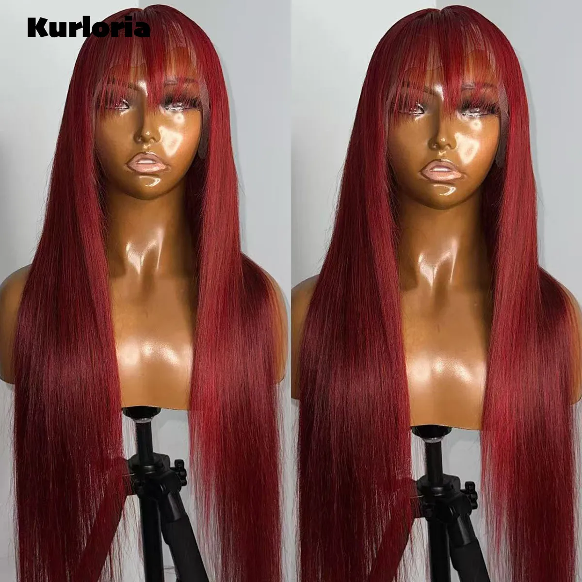 Burgundy Silky Straight 100% Human Hair 13x6 HD Transparent Lace Frontal Drawstring With Bangs Glue-Free Wig Ready to Wear Wigs