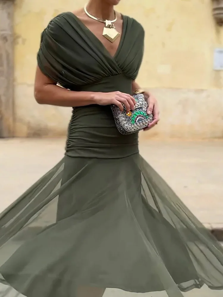 الربيع الصيف قصيرة الأكمام المرأة حزب اللباس مثير العميق الخامس قصيرة الأكمام شبكة فستان طويل أزياء البوهيمي عطلة ماكسي فساتين