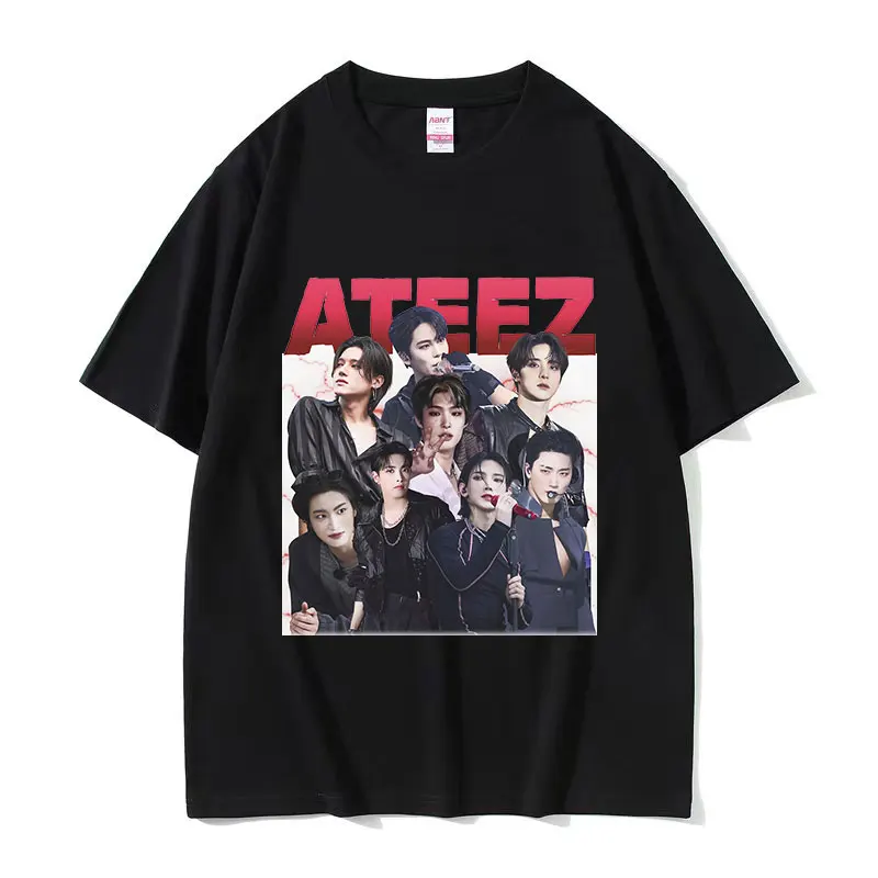 

Корейские футболки с графическим принтом Ateez, мужские и женские модные футболки в стиле ретро в стиле Харадзюку, хлопковая футболка большого размера в стиле хип-хоп с круглым вырезом, уличная одежда