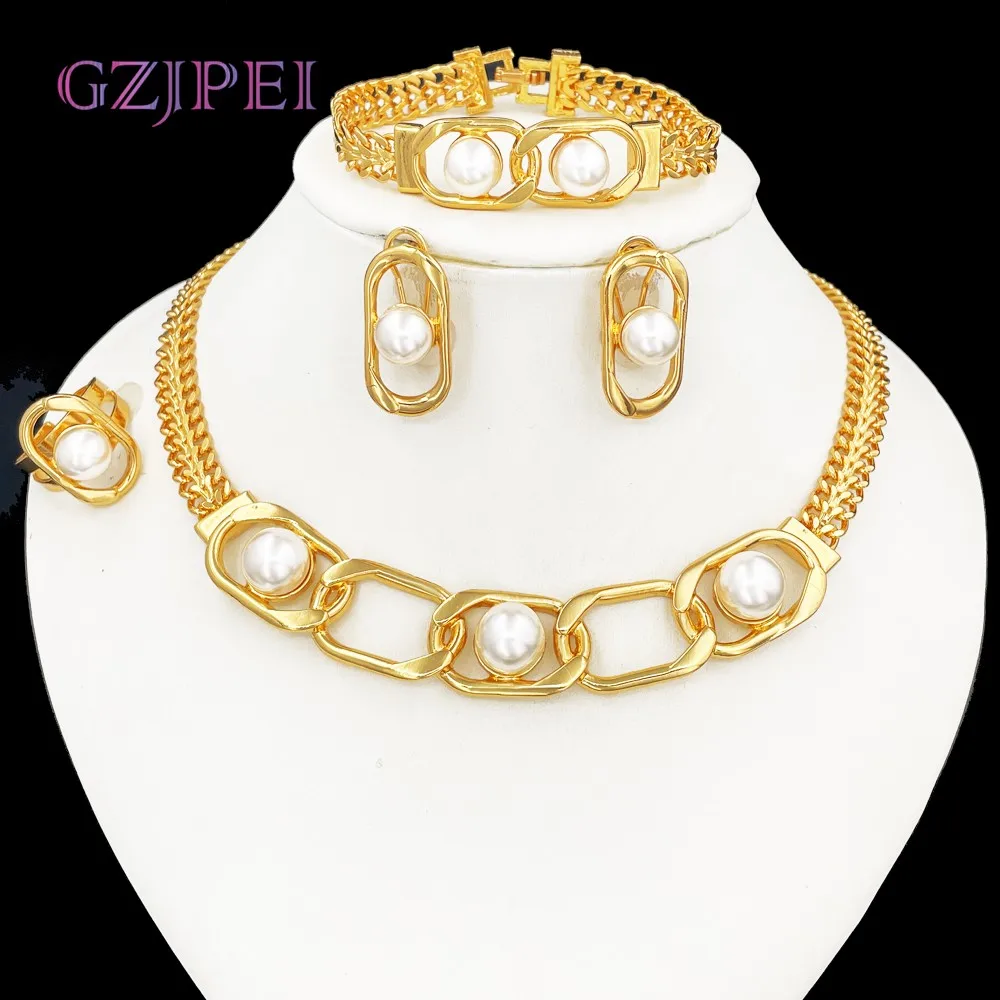 

GZJPEI 2025 New Imitation Pearl Jewelry Set For Women Christmas Gift Sets Hight Quality 18K Gold Plated Italy Wedding Party Gift