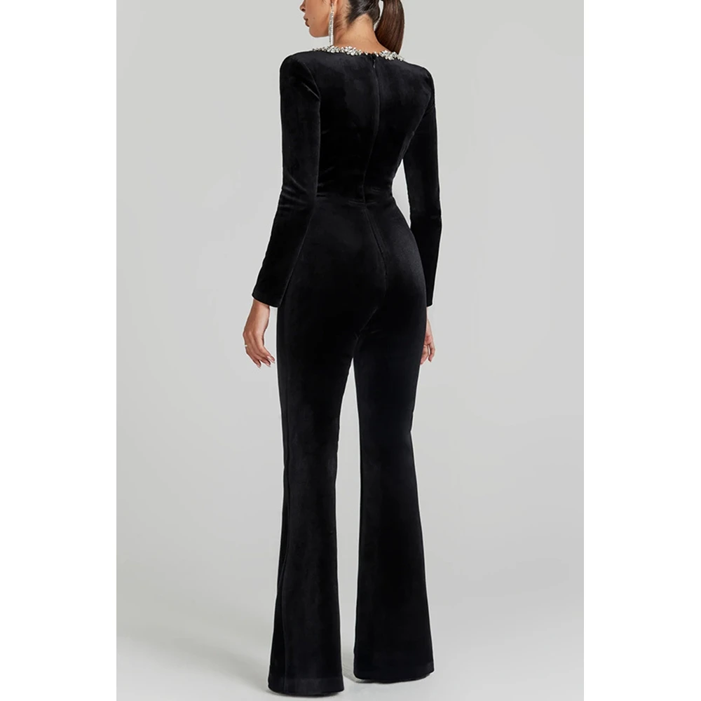 Slim Fit Black Velvet Jumpsuit Women Long Sleeve Rhinestone Square Neck Flared Leg Party Romper Cocktail Elegant Evening Wear