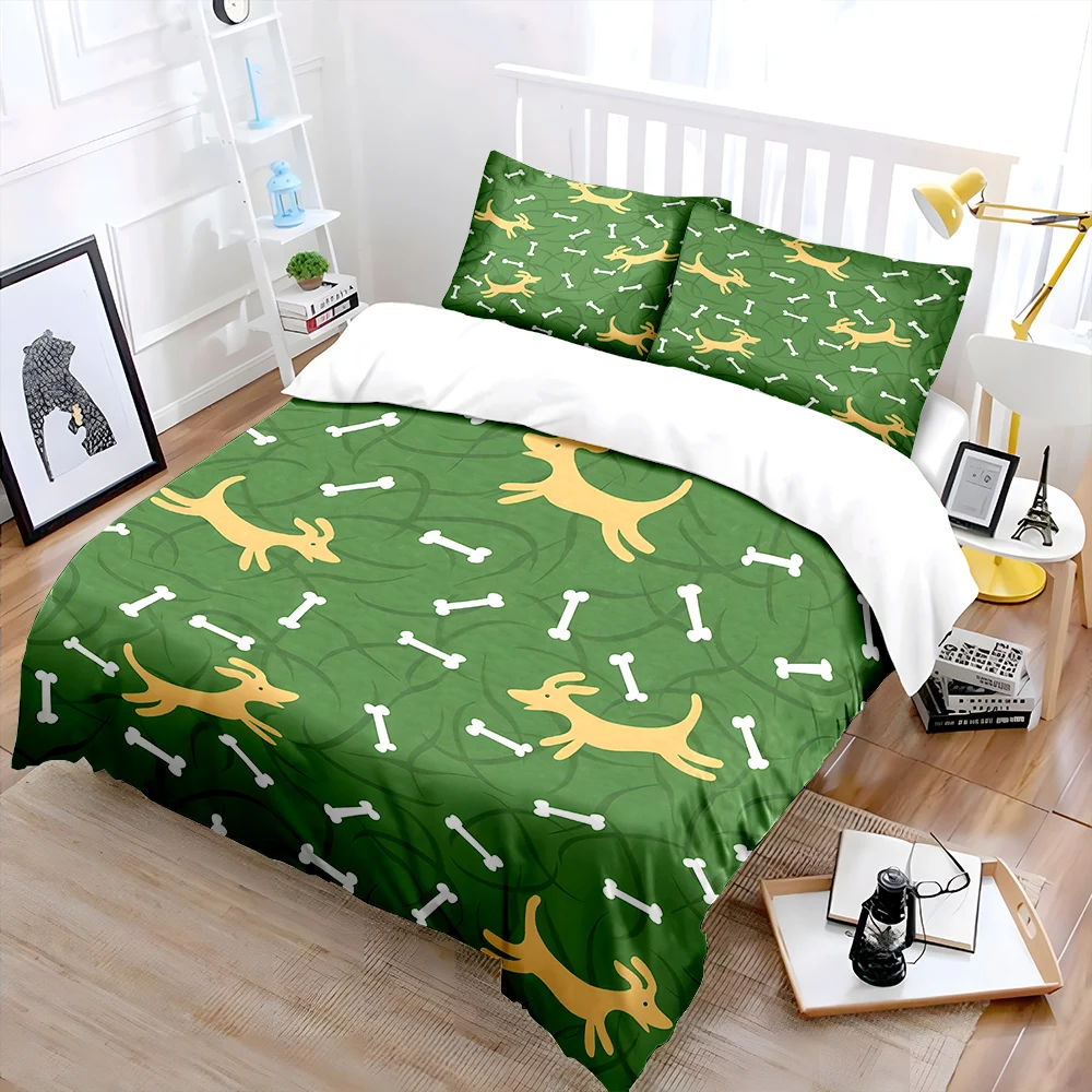 Cartoon puppy and bone green background Print Bedding Set 1 Duvet Cover 2 Pillowcases for Adult Children Luxury Gift Full Size