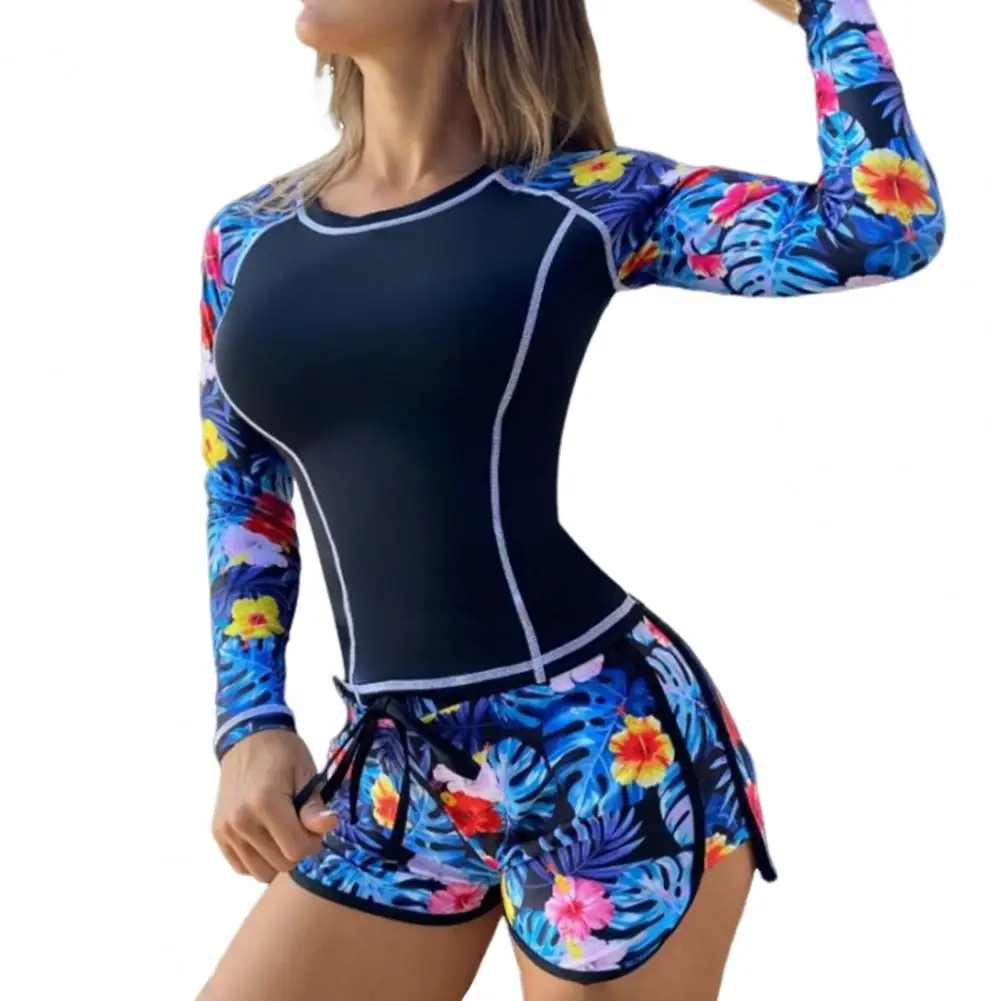 

Quick Dry Bathing Suit Floral Print Long Sleeve Swimsuit Set for Women with Drawstring Elastic Waist Shorts Quick for Surfing