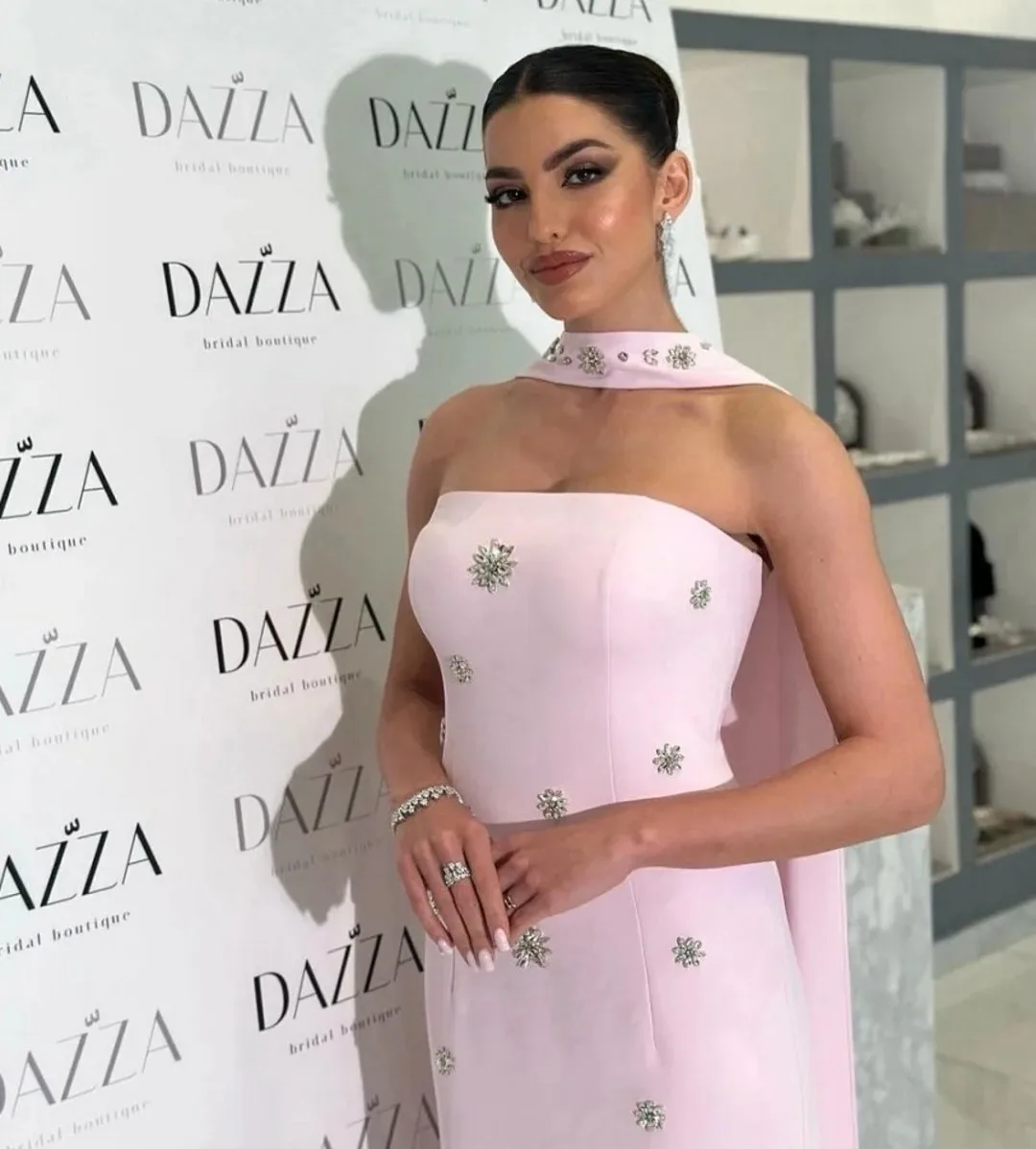 

Modern Pink Prom Party Dress 2026 Warp Strapless Crystal Satin Long Evening Gown Pageant Dresses Birthday Robe De Soriee