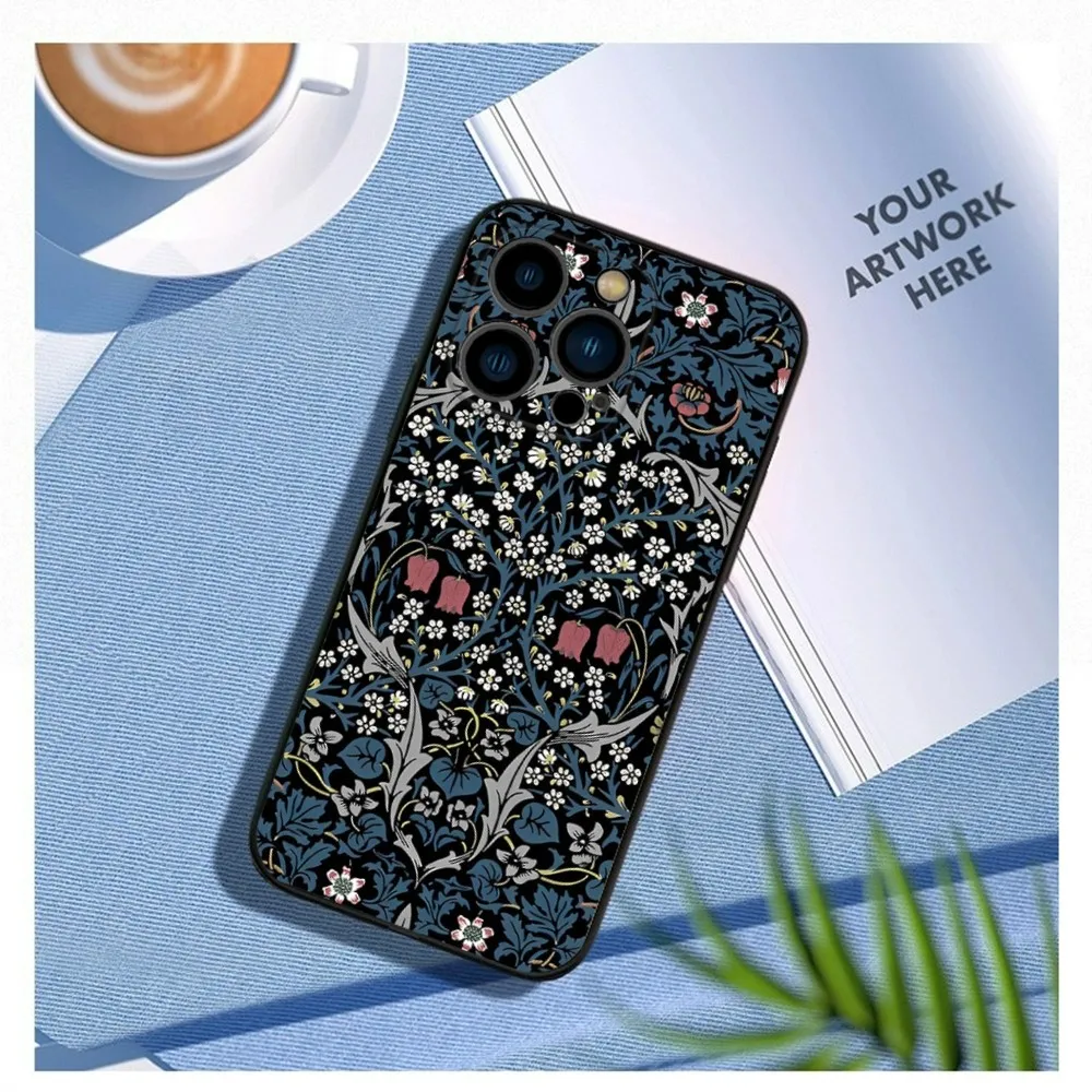 William Morris Strawberry Thief Design Phone Case For iPhone 16,15,14,13,12 Mini 11 Pro XR,XS,MAX Plus Silicone Cover Soft Black