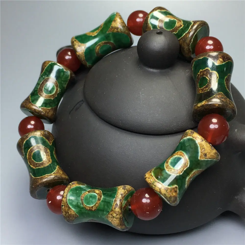 Three Eye Dzi Bead Bracelet Tibetan Agate Chalcedony Green Pattern Vintage