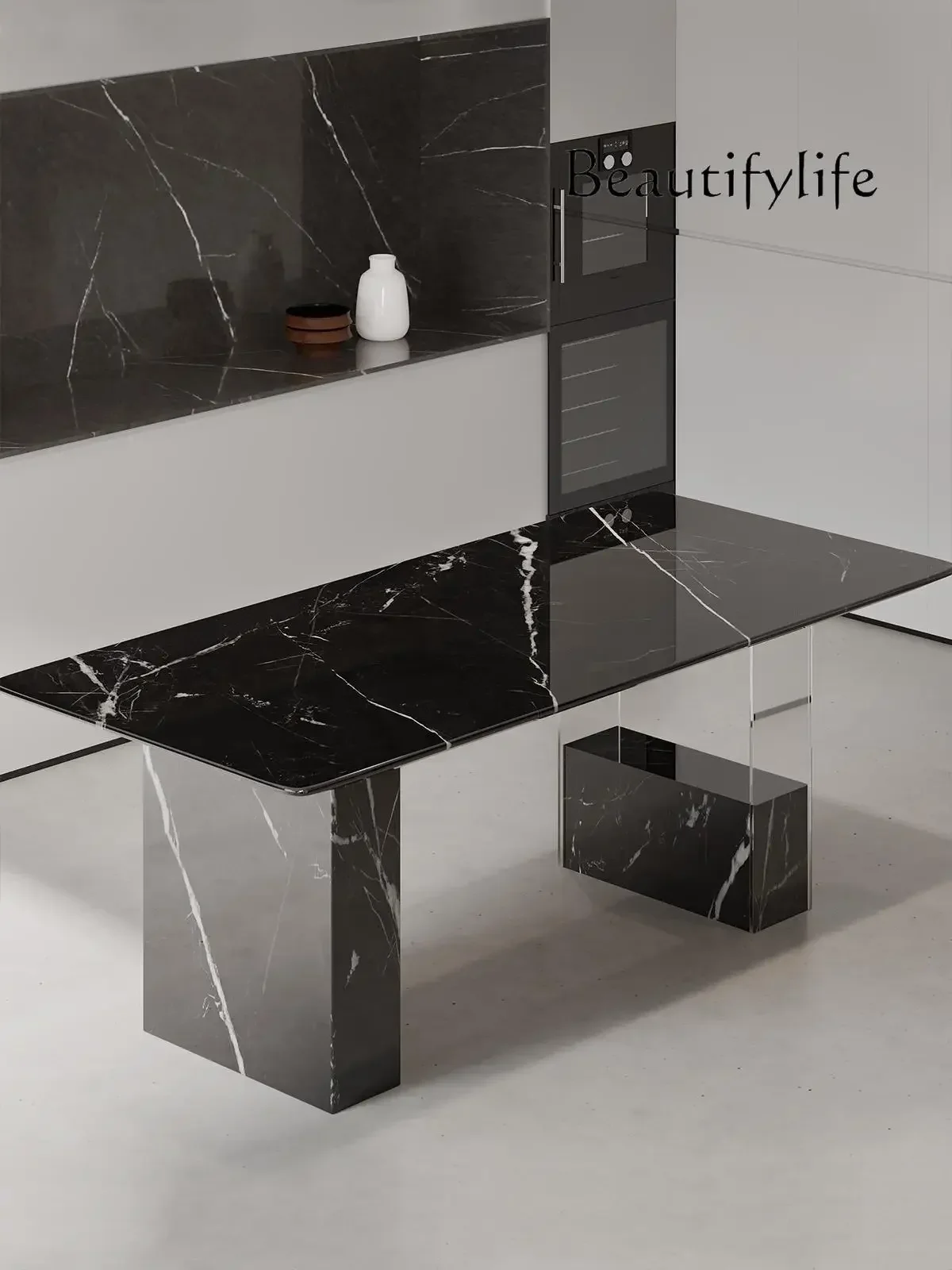 

Q "Floating Dining Table - Calacatta Black Gold Luxury Stone, Scratch-Resistant Rectangular for Small Space Homes"