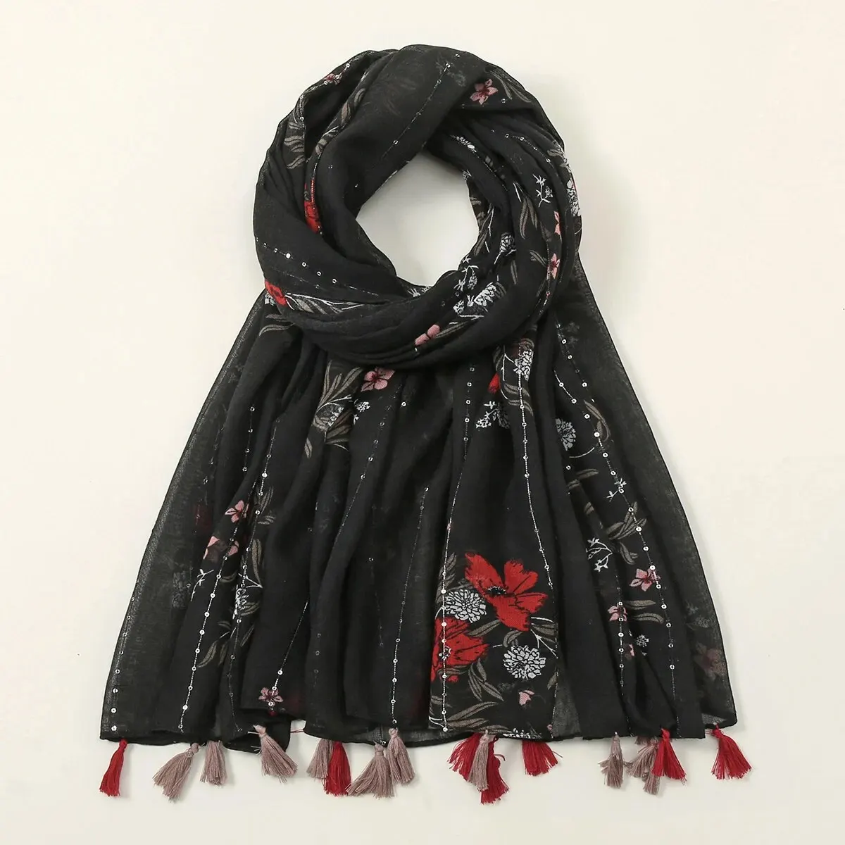 Black Tassel Shawl Printed Floral Viscose Cotton Scarf For Women Summer Muslim Hijab Lightweight Sun Protection Cape 180*90cm