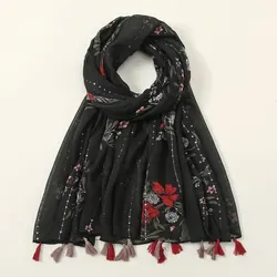 Sciarpa di cotone viscosa floreale stampata con scialle nappa nera per le donne estate Hijab musulmano leggero mantello di protezione solare 180*90cm