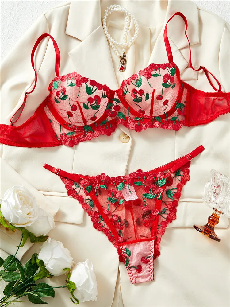 Sexy Lingerie Sets Ultra Thin Lace Transparent Underwear Romantic See Through Exotic Sets Embroidery Flowers Red Bra Brief Sets