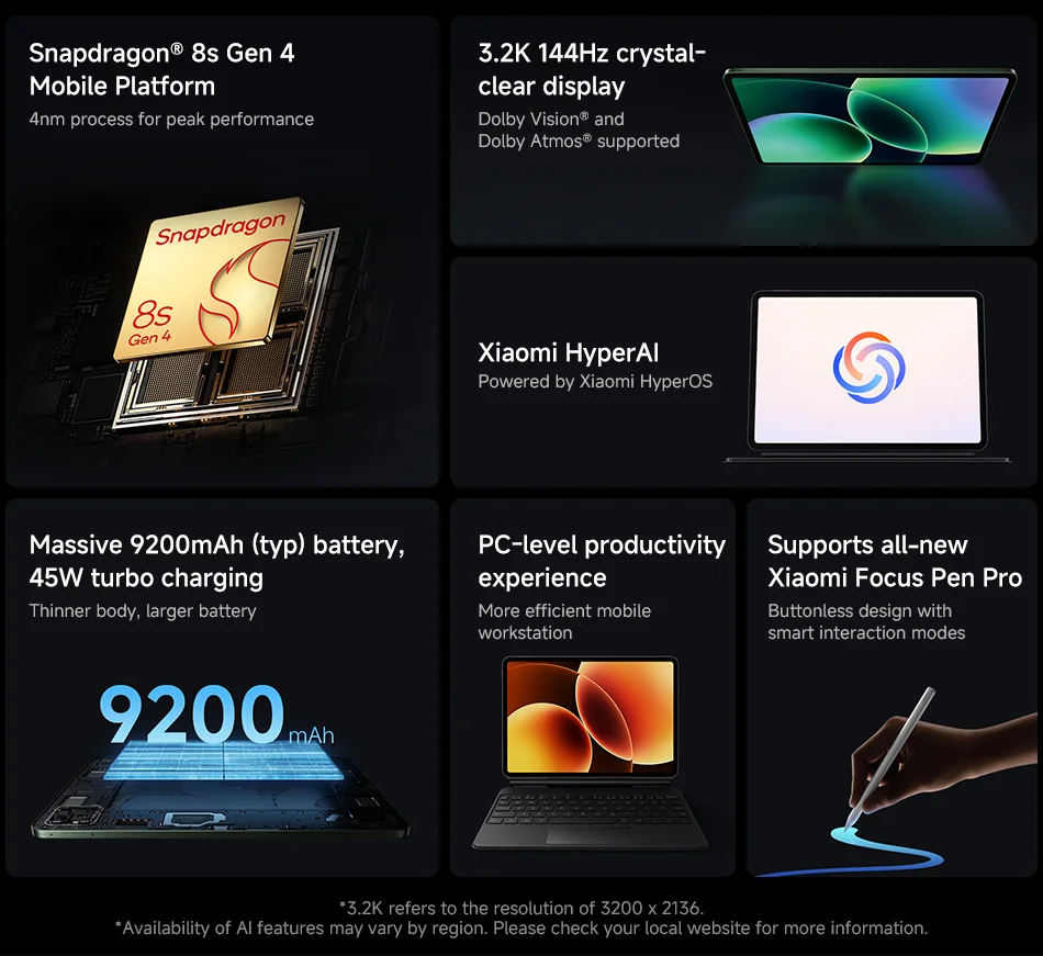 Global Version Xiaomi Pad 8 3.2K 144Hz Display Snapdragon 8s Gen 4 Mi Tablet 9200mAh Battery 45W turbo charging