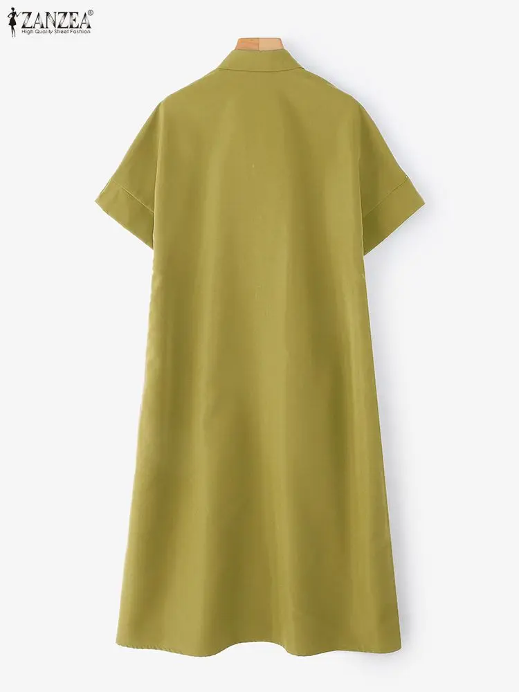 Damska sukienka koszulowa midi z haftowanymi kwiatami, kołnierzykiem i krótkim rękawem zapinana na guziki, ZANZEA, codzienna odzież na co dzień, rozmiar 3XL