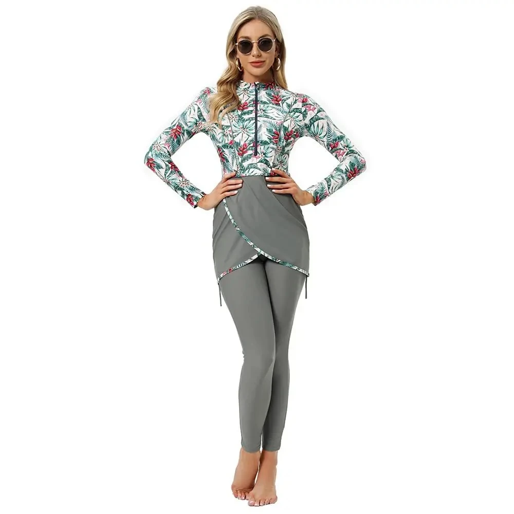 Women Burkini Floral Print Rash Guard Swimsuit - Long Sleeve Two-Piece Swimset Full Cover Muslim Swimwear