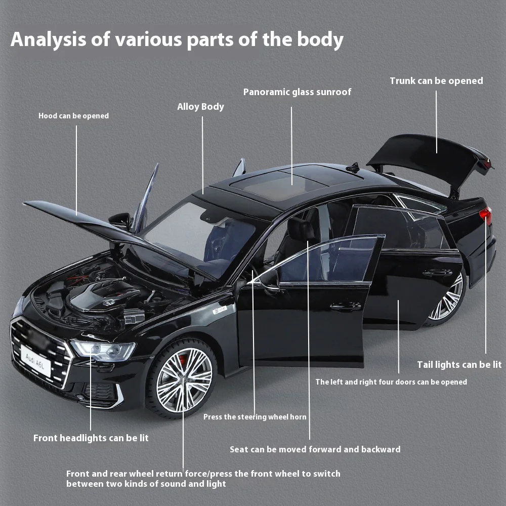 1:18 luxury sedan A6L alloy model, cool sound and light, four-wheel shock absorber, six doors open, exquisite desktop ornaments