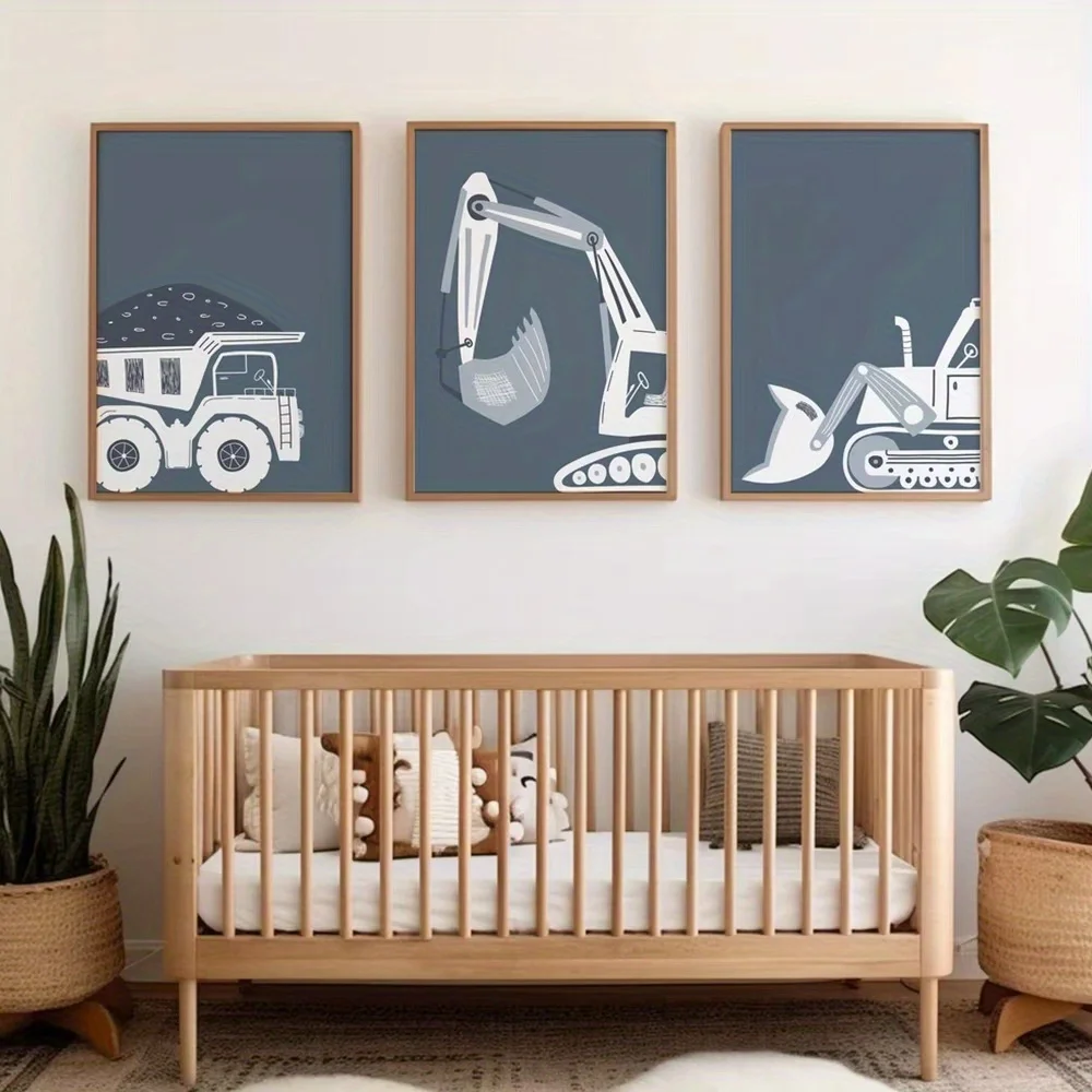 (NoFrame 3PCS)-2D Flat, 2D Flat, Set of 3 Unframed Canvas Posters Featuring Adorable Excavator Truck Construction Vehicle Blu