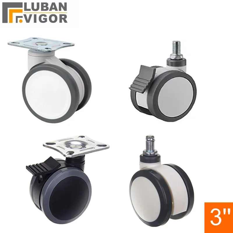 3 inch Casters with Double wheel Beauty equipment wheel with Brakes Silent M12x25 Screw 11x20mm Plug Rod Flat Panel Installation