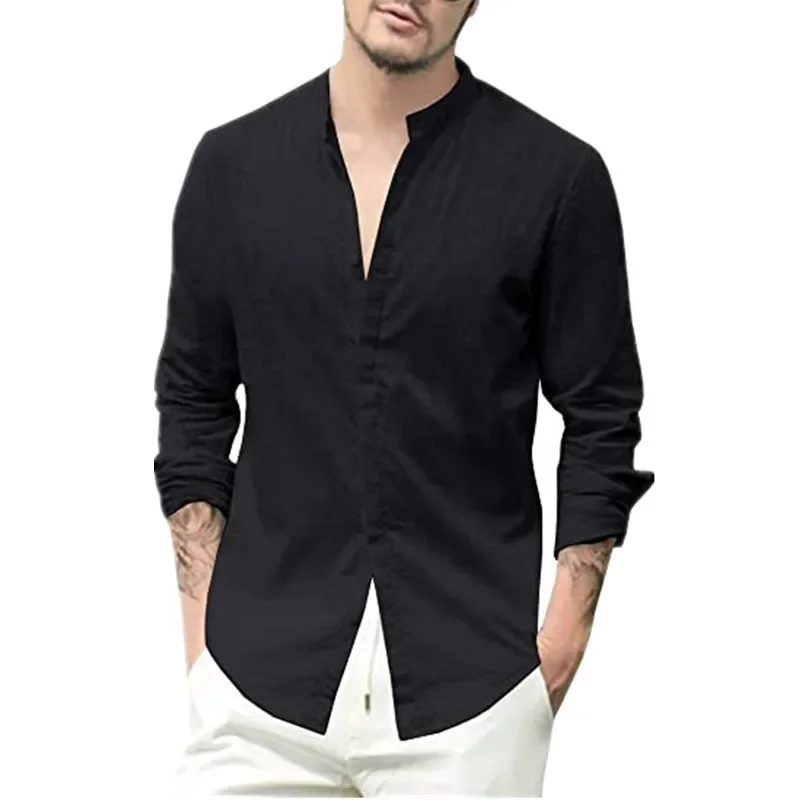 Europe and The United States Men's Simple Fashion Stand Collar Cardigan Solid Color Casual Long-sleeved Fashion Holiday Shirtt