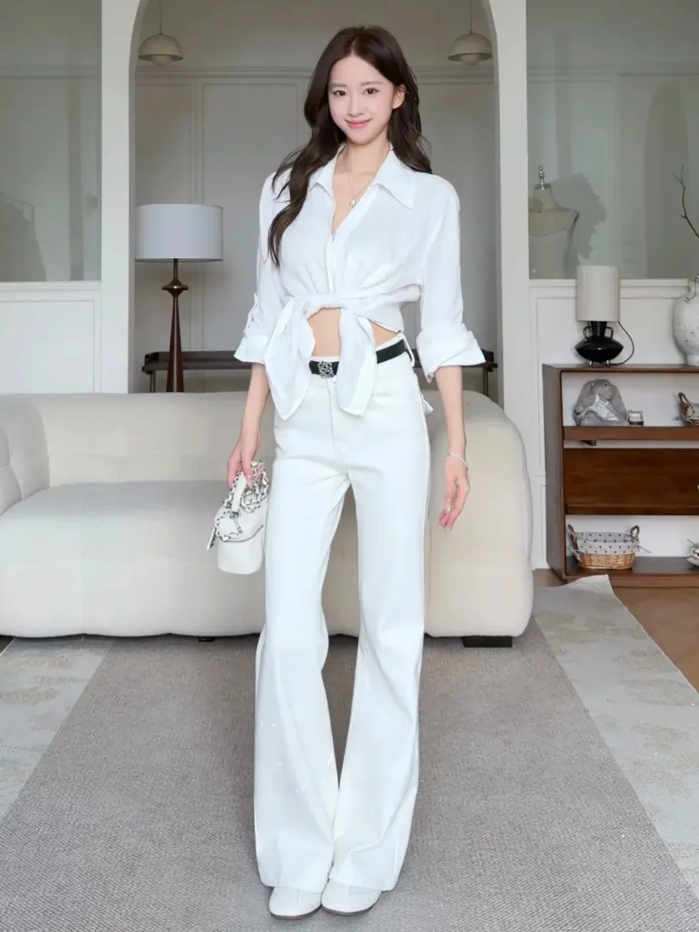 

American Style High Waist Bell Bottom Jeans Women's Slim Fit Long Pants Tea White Retro Chic Straight Leg Tapered Leggings