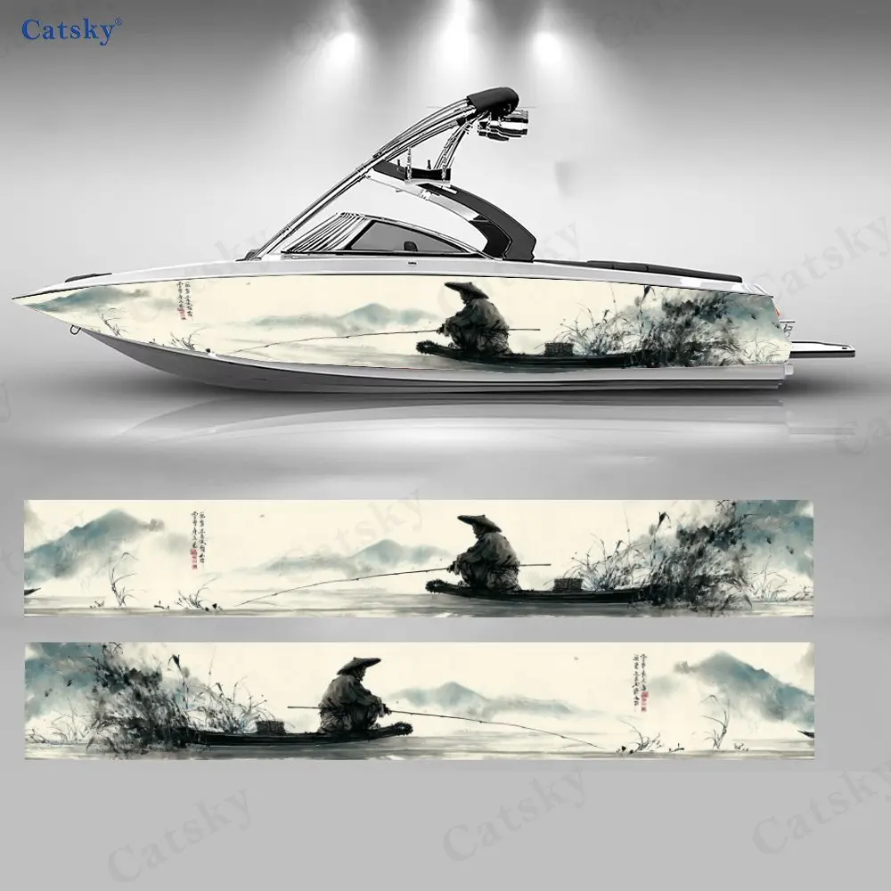 

Ancient Style Straw Cloak Fisherman Boat Sticker, PVC Waterproof Vinyl Wrap Decals for Fishing Boats, Durable and Stylish Design