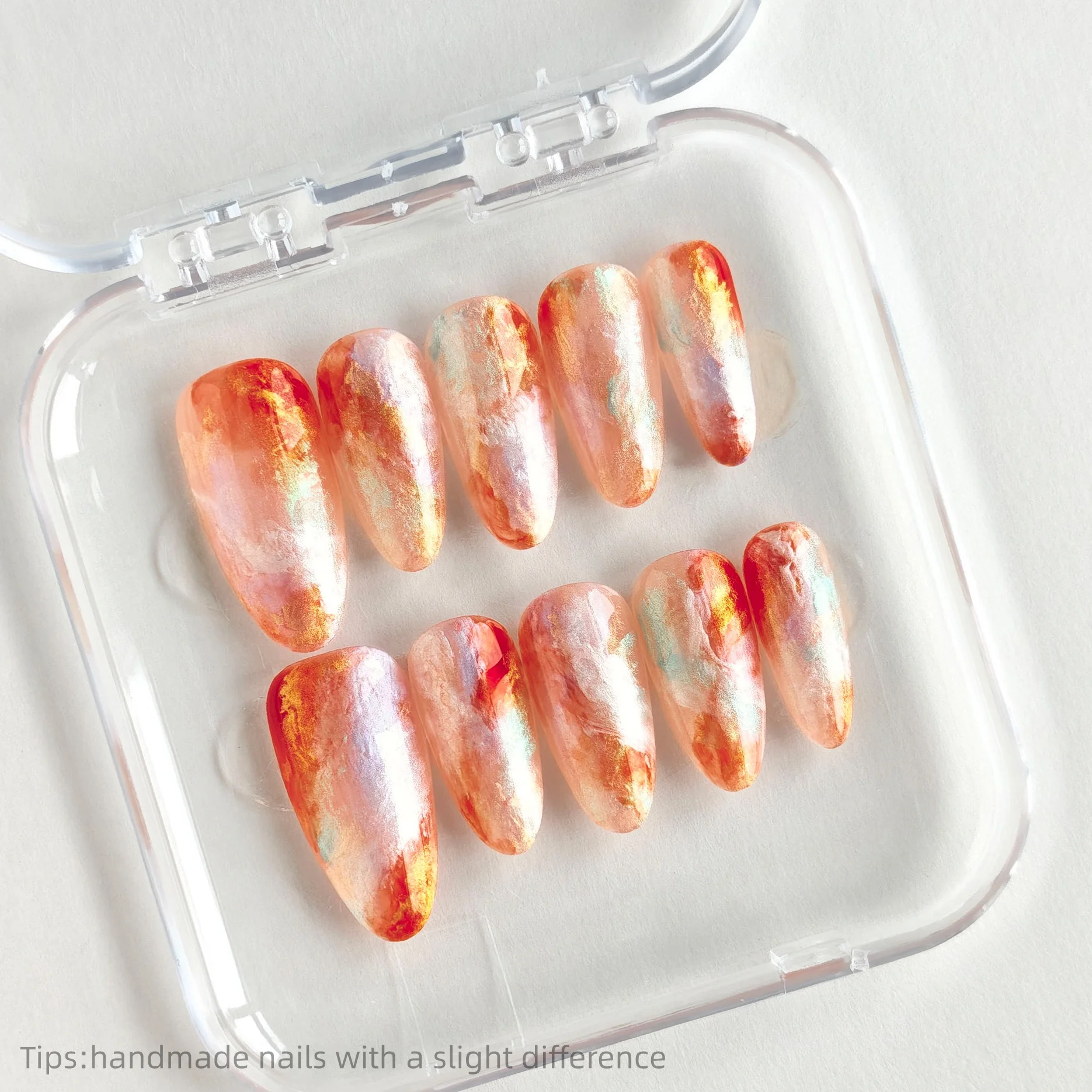 

10pcs Handmade Orange Pink Gold Gradient Smudged Press on Nails Oval Long Wearable Reusable INS Fashion False Nails 2026