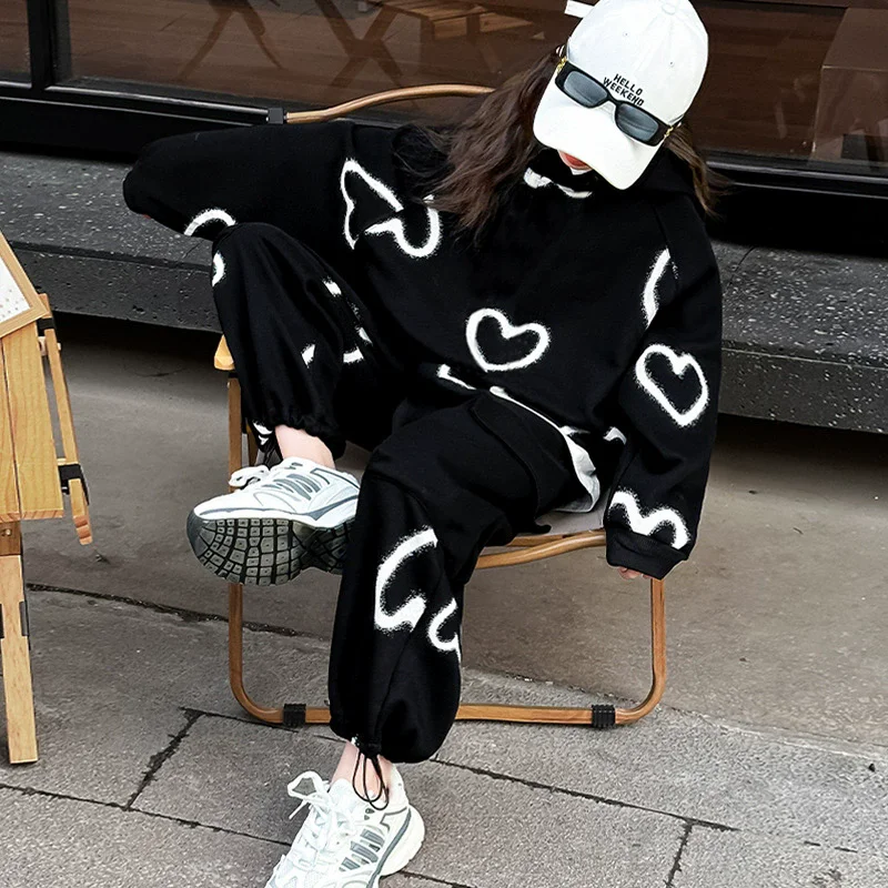 Spring Fall School Girls Sport Suit Printed Hooded Sweatshirt+Sport Pants 2pcs Teen Kids Clothes Set Children Tracksuit outfit