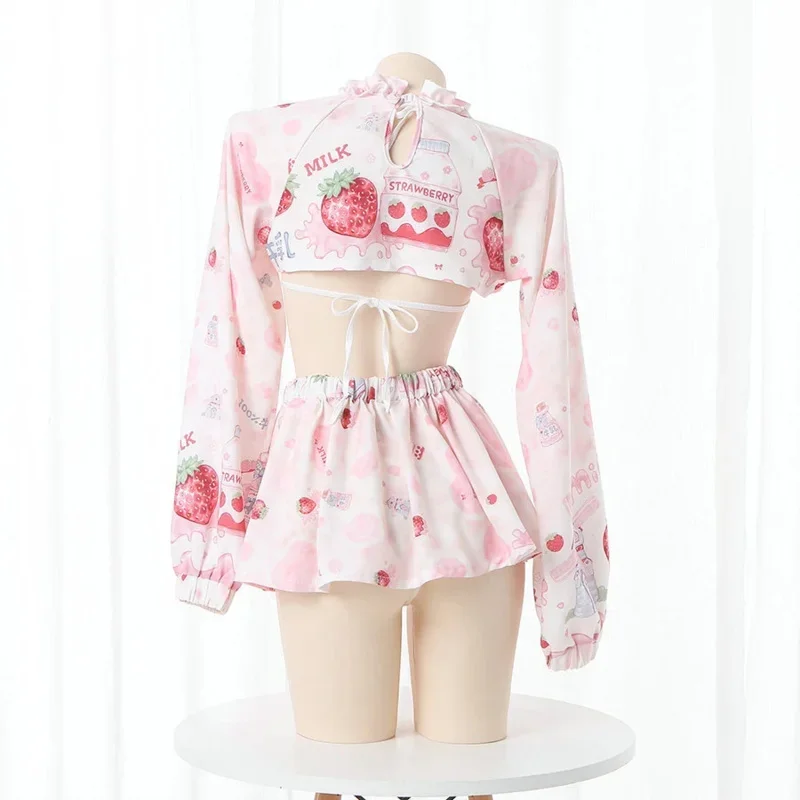 Anime cameriera vestito cosplay uniforme rosa carino Lolita abiti mucca ragazza fragola manica lunga scava fuori crop top minigonna set