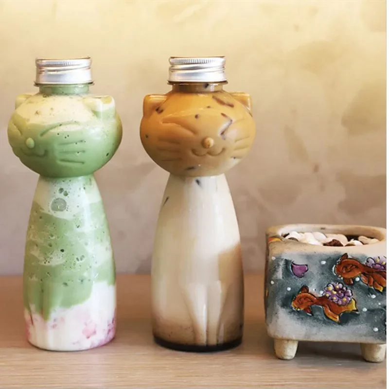 Diy Milk Tea Juice Bottles Beverage PET Water Bottle Cartoon Cat Drink Bottles  Disposable Takeaway Coffee Cup With Lids Decor