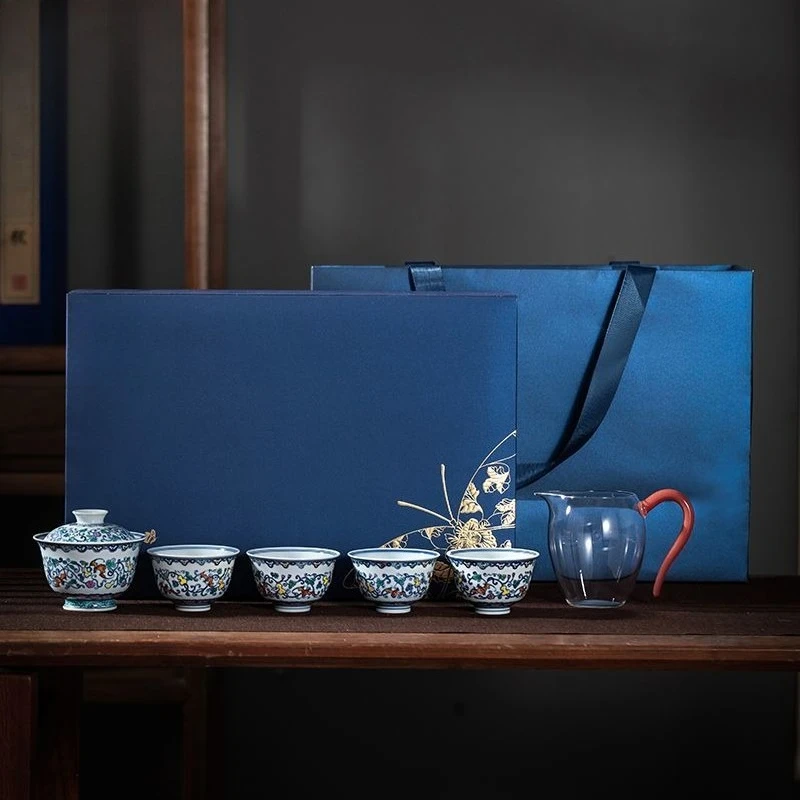 Gaiwan set, tea bowl, blue and white bucket color, hand-painted twisted branches, flower gift