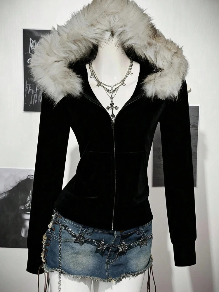 Amerikanisches Retro-Y2K-Taillen-Sweatshirt mit Pelzkragen und Kapuze, einfarbiger Mantel für Damen im Herbst und Winter, Reißverschluss-Schlankheitsoberteil