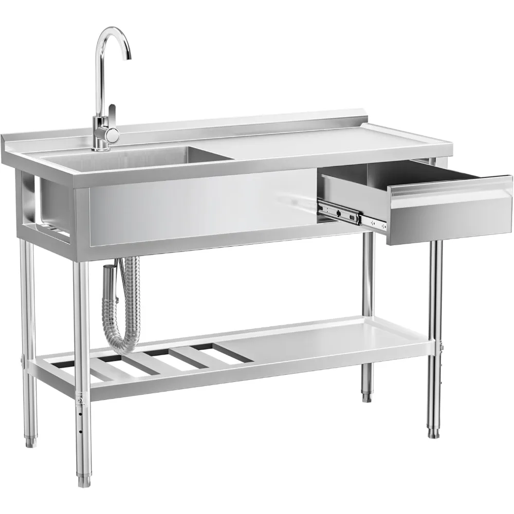 

Stainless Steel Utility Sink with Cold and Hot Water Pipes, Free Standing Single Bowl Commercial Kitchen Sink W/Workbench