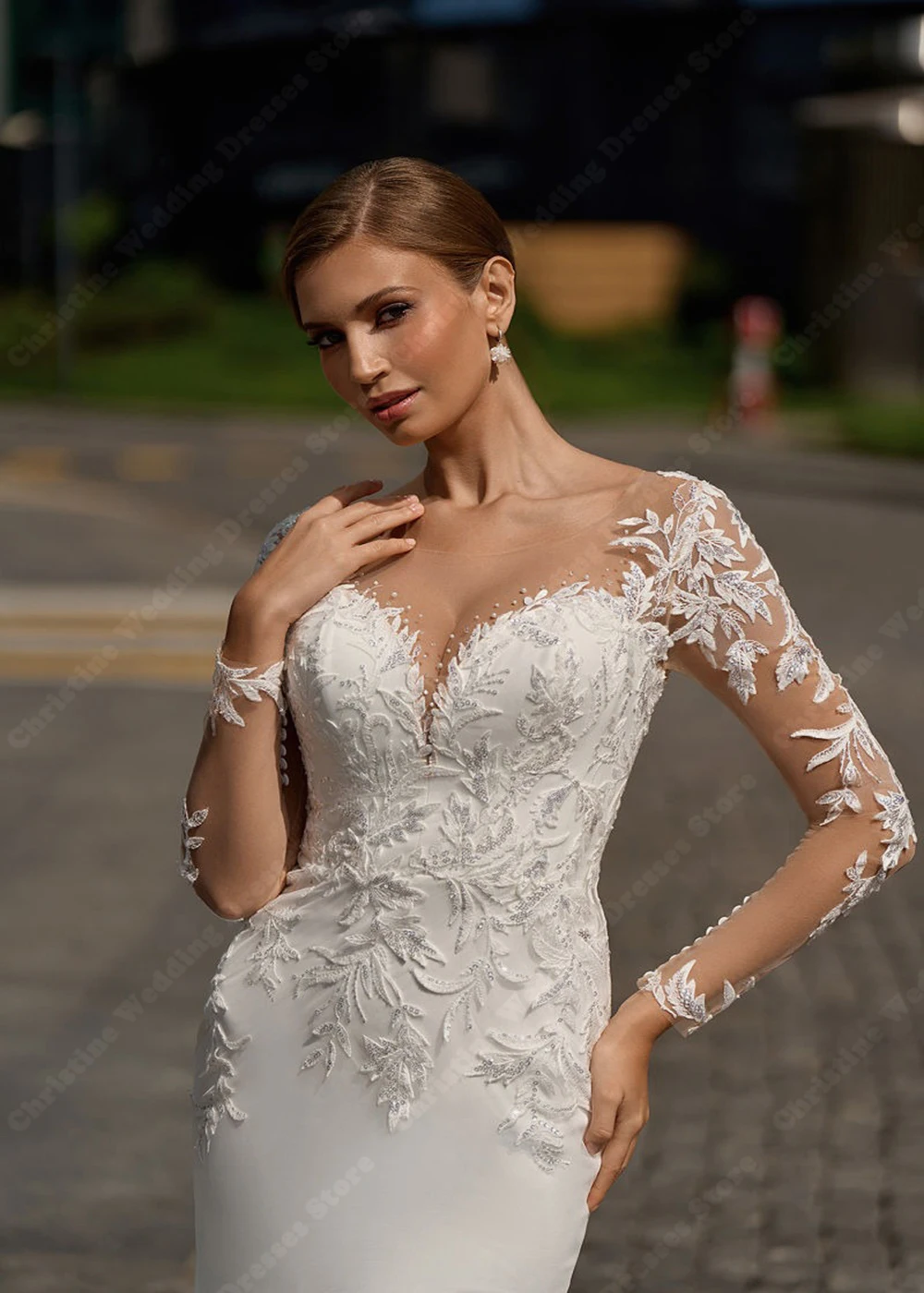 Vestidos De novia con superficie De satén liso, Vestidos De novia De manga larga con apliques De encaje, Vestidos De baile De sirena sexys, Vestidos De Gala personalizados