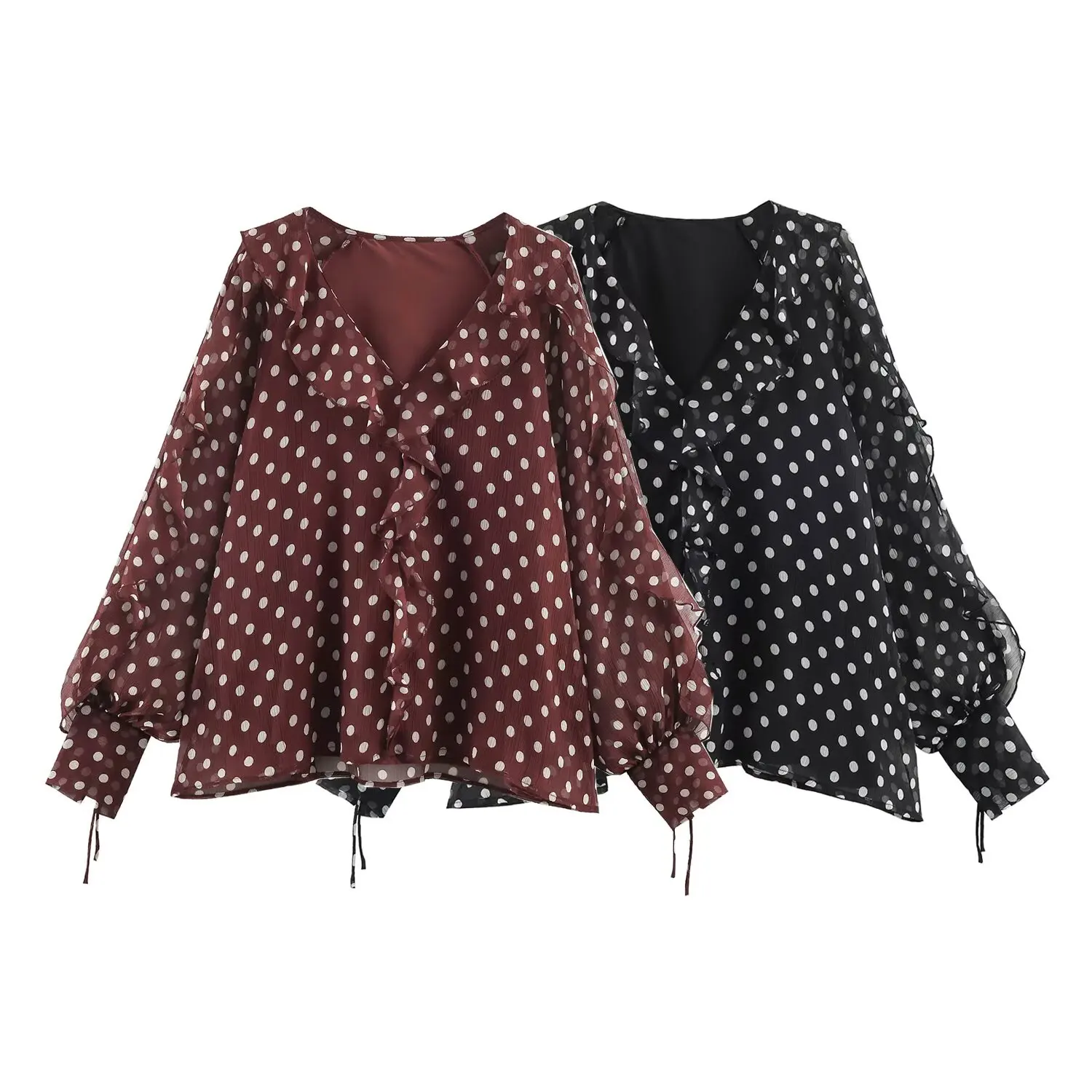 BSAY 2026 Herbst Vintage Polka Dot Damenbluse mit V-Ausschnitt, geschichtetem Rüschensaum, Laternenärmeln, Kordelzug am Ärmelbund und lässigem Schnitt – Detail 2