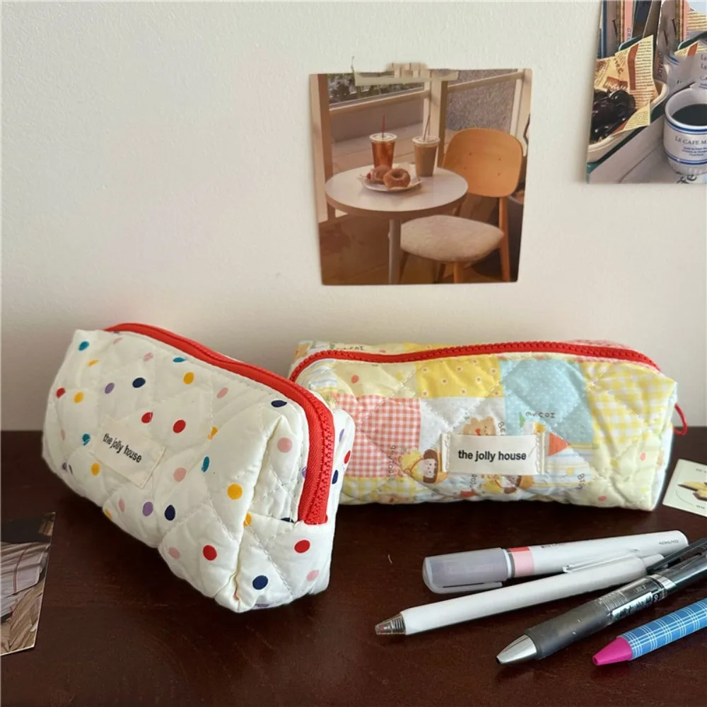 

Portable Canvas Floral Pencil Bag Large Capacity Sweet Dots Pen Pouch Students Organizer Pencil Case Office Supplies