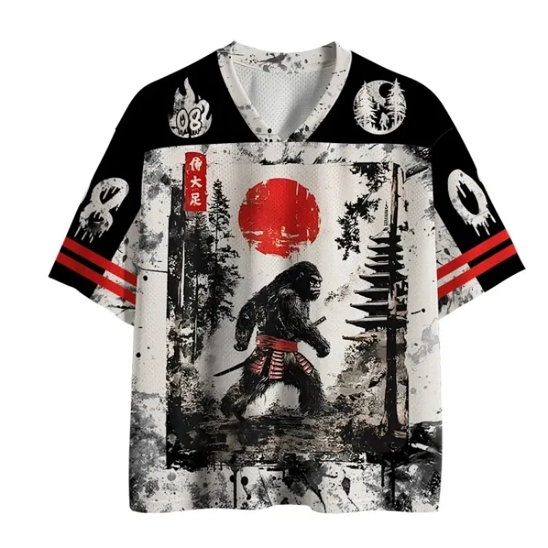 Samurai Gorilla V-neck Shirt Splashed Ink for Aging, Size 08 Melted Digital Printed Loose Short Sleeve T-shirt