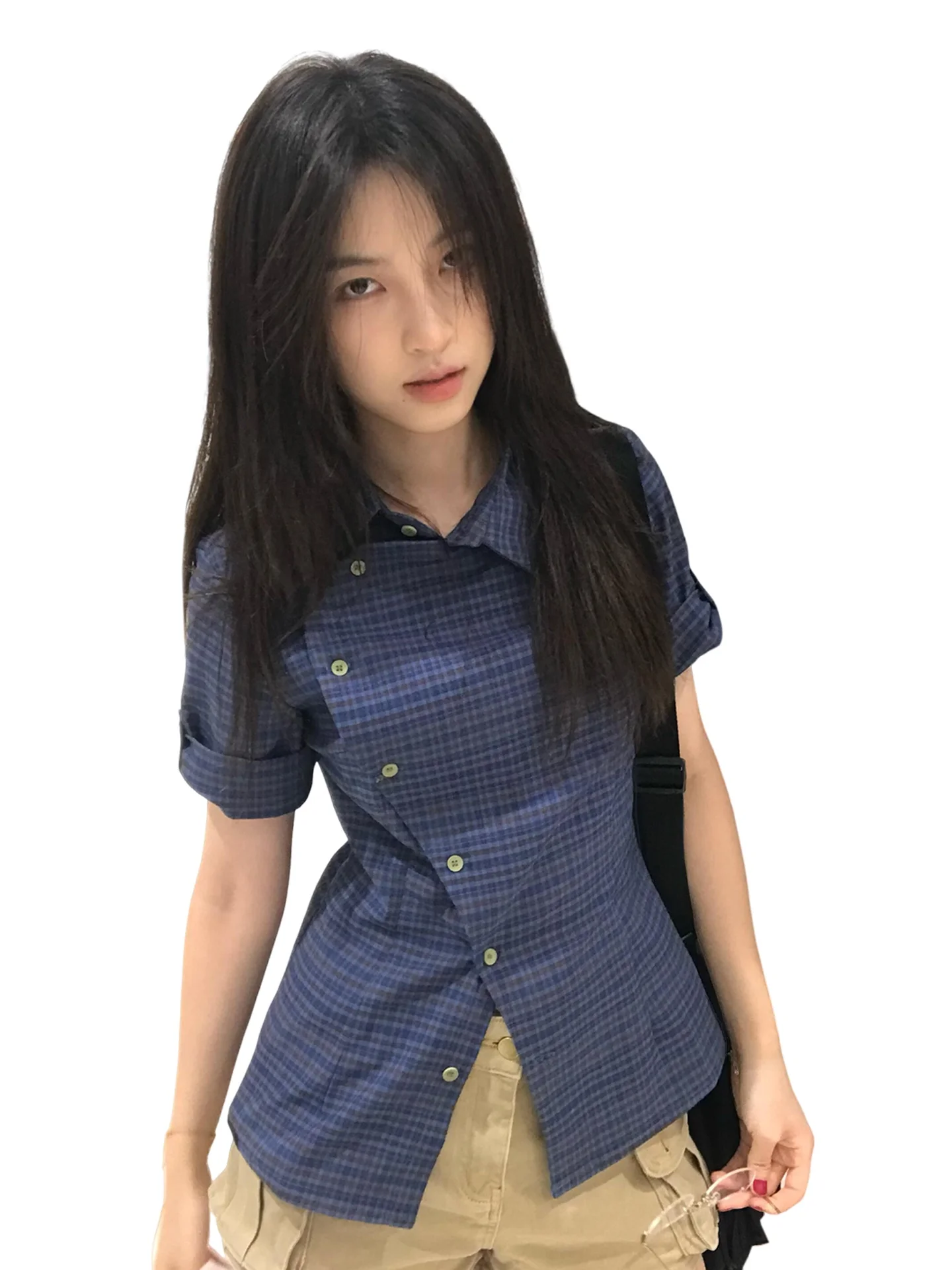Blu Plaid ort Sve Slim Fit Donna irt Design Sensation Estate New Sle Sweet Japanese Sle Fibra di poliestere 00%