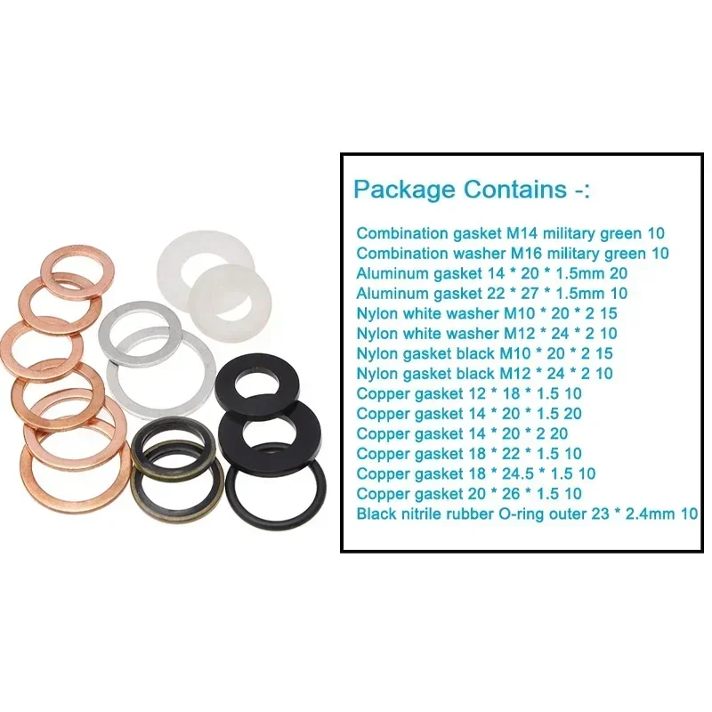 190 stks Olieaftappen Platte Plain Pakking Afdichting Spacers Nylon Koper Aluminium Gebonden Gecombineerde Sluitringen voor Carterpluggen