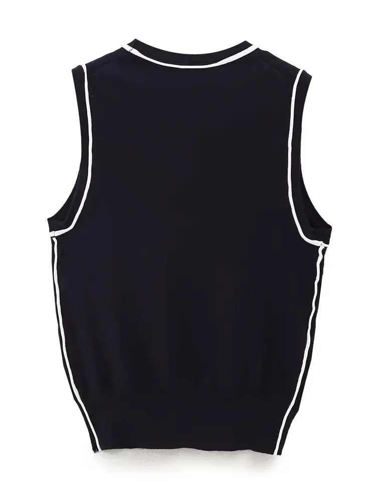 XNWMNZ 2024 Women\'s Fashion Contrast Trims Knitted Top Women Retro Round Neck Sleeveless Casual Versatile Female Chic Top
