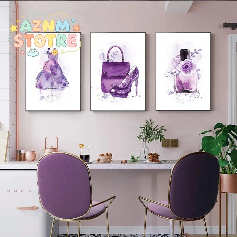 Póster de Moda Glamuroso en Tonos Rosa y Morado, Impresiones Artísticas de Botellas de Perfume, Pintura en Lienzo de París, Cuadro de Pared para Chicas, Decoración Nórdica para Sala de Estar
