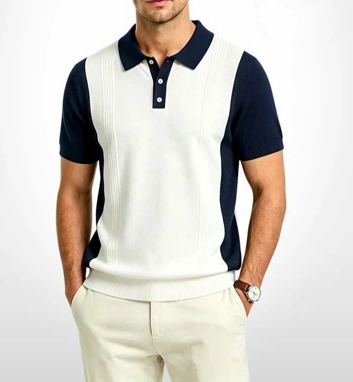 2026 Men's Light Luxury High-end Color Matching Lapel Old Money Style Texture Knitted Short-sleeved Casual Versatile T-shirt