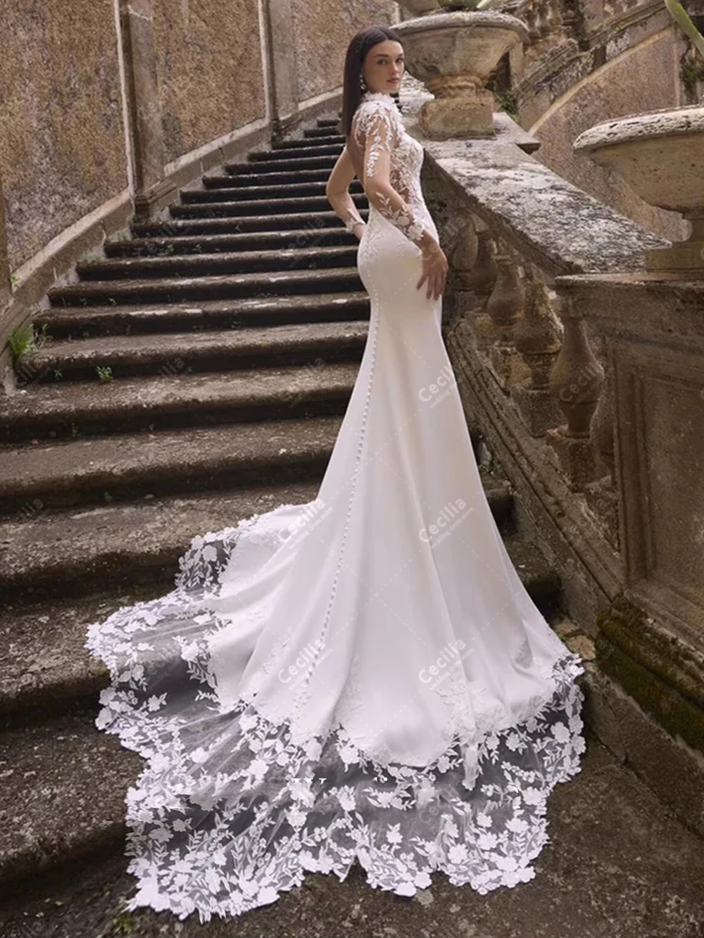 ชุดแต่งงานที่งดงาม ชุดเจ้าสาวสุดหรู ประดับด้วยลูกไม้ ชุดคลุมที่สวยงาม แขนยาว สวยงาม สามารถปรับแต่งได้ ชุดเจ้าสาว