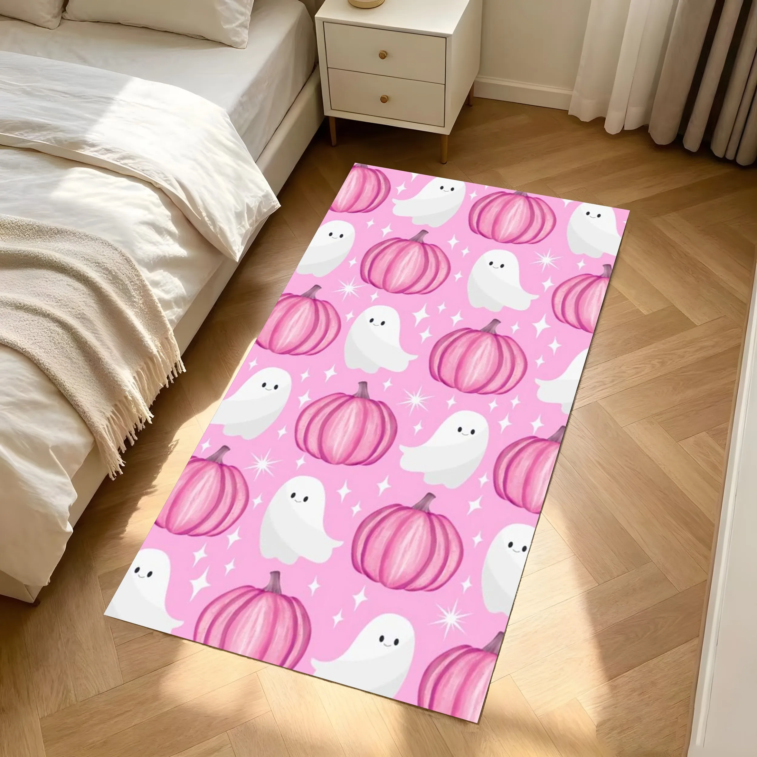 2D Large Rug with Cute Ghost Pumpkin and Autumn Leaf Prints in a Soothing Watercolor Style, Soft and Fresh, Creating a Warm and