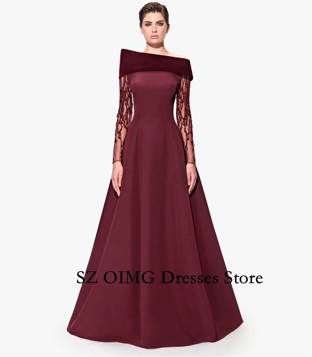 

Colavis Asymmetric Boat Neck Bell Shaped Dress Party Dress Ruched Long Sleeves A-Line Satin Prom Dress Gowns Customized