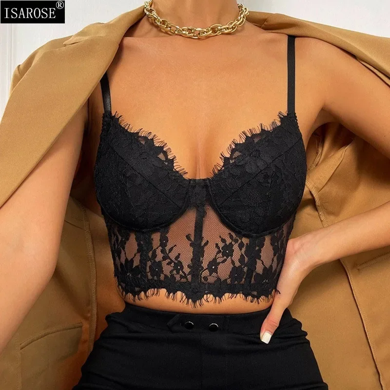 ISAROSE Women Sexy Camisole Summer Braless Breathable Low-cut See-through Eyelash Lace Crop Tops with Back Hook Drop Shipping