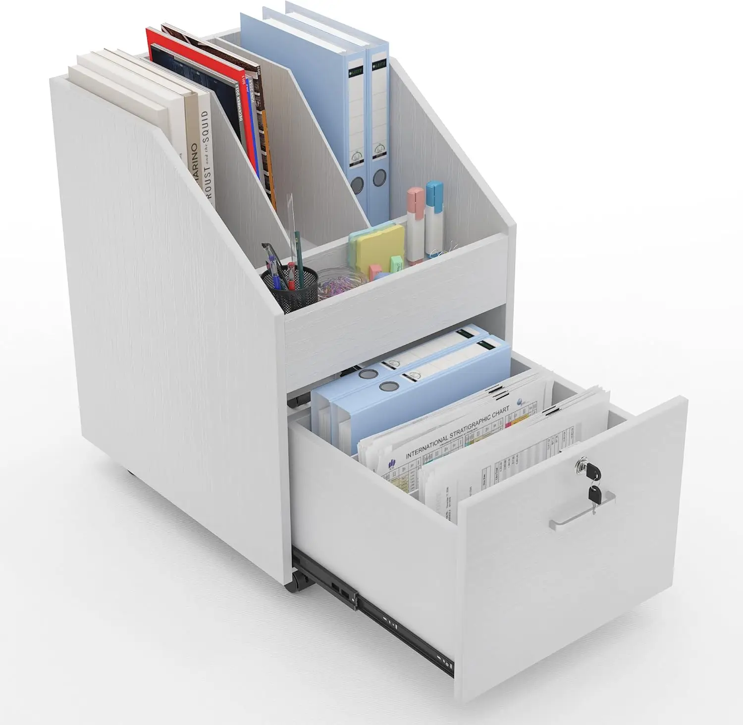 Mobile File Cabinet with Lock,Under Desk Rolling File Cabinets for Home Office,Wood Filing Cabinet (White)