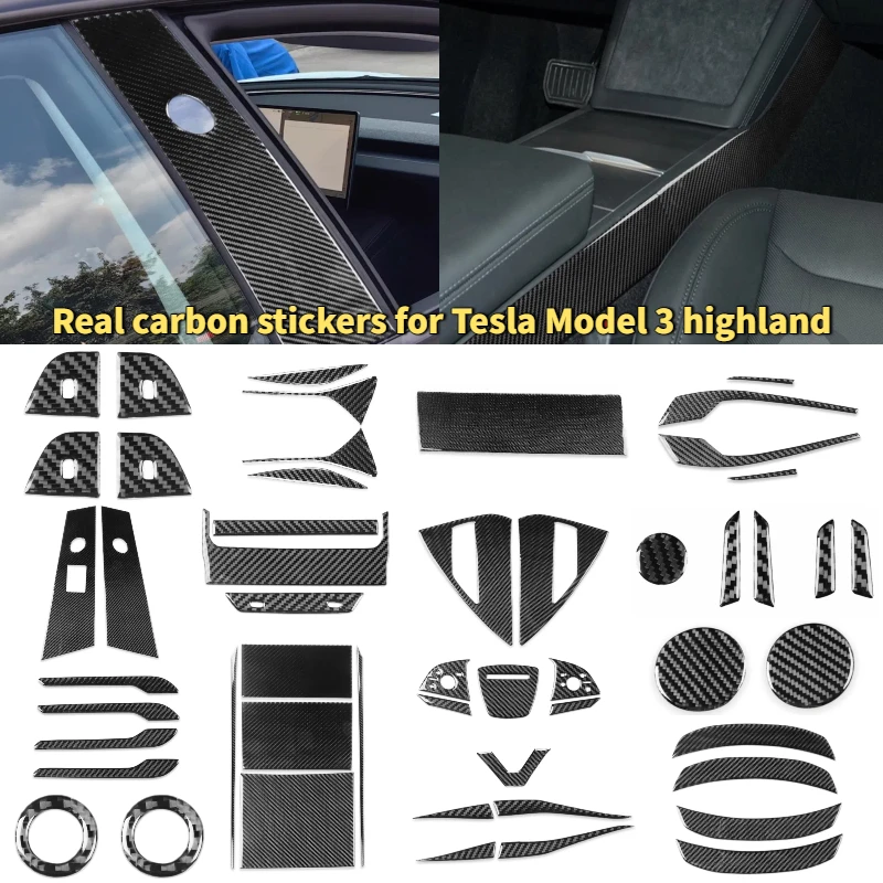 

Для Tesla Model 3, Highland, наклейки для салона автомобиля, настоящее углеродное волокно, центральное управление, рулевое колесо, крышка розетки кондиционера
