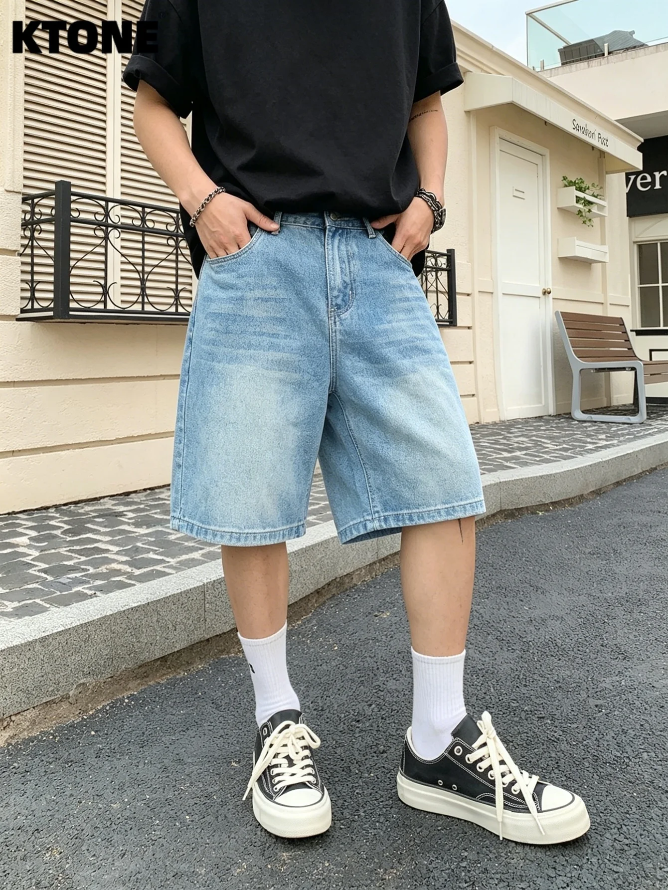 

Men's Loose Non‑Stretch Denim Shorts Solid Black & Blue Casual Jean Shorts No accessories or belts included