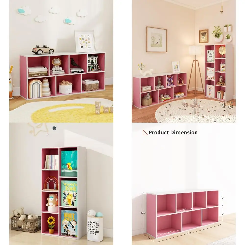 وحدة تخزين 7 مكعبات مستوحاة من مونتيسوري مع رف كتب لغرفة لعب الأطفال والفصول الدراسية، وردي #1